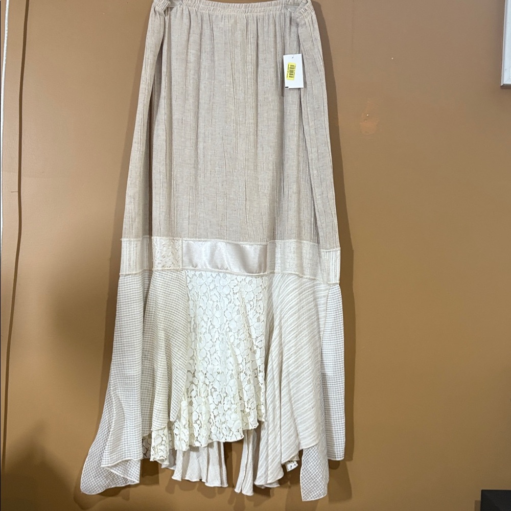 Cream Satin, Lace, Taupe Linen Women's Patchwork Asymmetrical 3/4 Hem Skirt XL - Picture 2 of 3